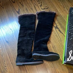 Sam Edelman Black Suede Pull on Over the Knee Faux Fur Detail Orlando Boots